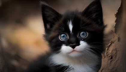 A black kitten with blue eyes stares into the camera.
