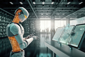Future of Data Analysis: An artificial intelligence (AI) robot in white and orange analyzing data on fluid screens in a futuristic data center. Generative AI