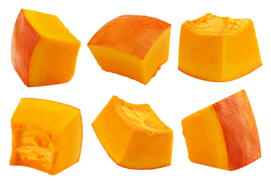 piece of pumpkin, cubes, isolated on white background, full depth of field