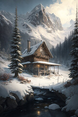 Fototapeta premium Beautiful Winter hut in a stunning alpine landscape winter scenery AI Generated Photo