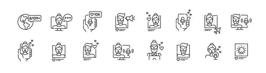 Podcast, radio programme or blogger chatting with his followers. Social media pixel perfect, editable stroke line icons set