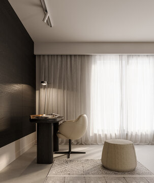 Modern home office interior design with white armchair and wooden desk. 3D Rendering, 3D Illustration