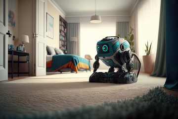 The robot vacuums the carpet in the apartment. An illustration created with generative AI technology.
