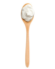 sour cream in wooden spoon, mayonnaise, yogurt, isolated on white background, full depth of field