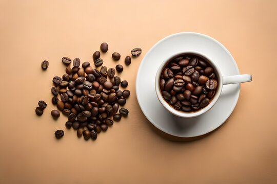 Top view of coffee beans and white cup on pastel background