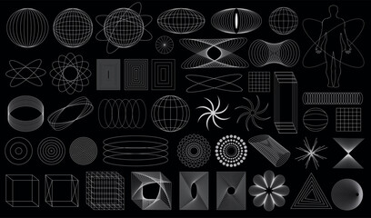 Retro futurism. White trip elements on the black background. Acid rave concept. Vibe shapes, abstract forms in vaporwave 80s and 90s