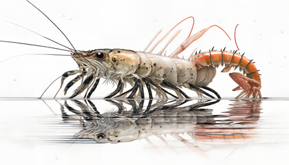 Shrimp swimming in water on a white background

