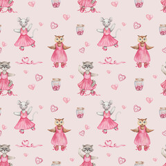 Watercolor seamless pattern. Hand painted illustration of cartoon raccoon, owl bird, mouse. Girls in dance studio in pink dress, ballet shoes. Animal character. Print on beige background for textile