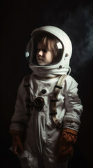 Little kid wearing spacesuit. Cosmonaut concept. Ai generated.