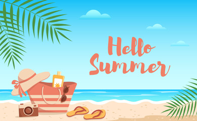 Hello Summer. Beach bag, sunscreen, camera, sunglasses, hat and flip flops on the sand. Flat vector illustration. Sea holiday concept