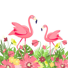 vector with a pair of flamingos. illustration with flamingos and tropical leaves and flowers