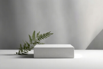 Minimal white square concrete podium in sunlight with tropical leaf background for for modern luxury beauty, cosmetic, organic, fashion product display 
