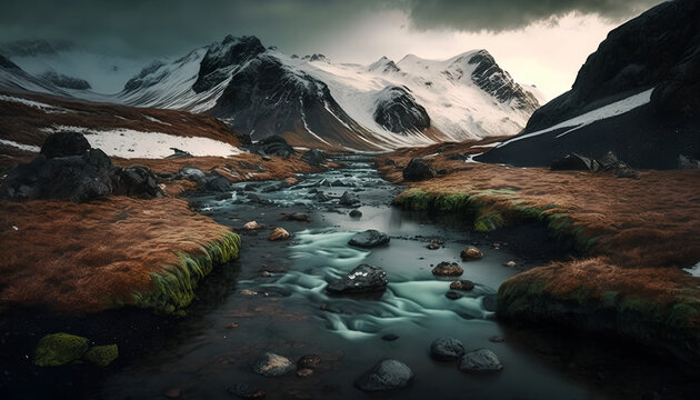 A landscape with mountains and a river with snow on the ground © Oleksandr