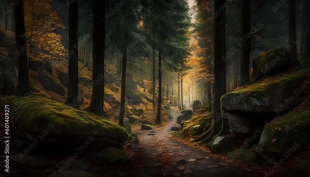 Poster a path in the forest with a green background and a tree on the left