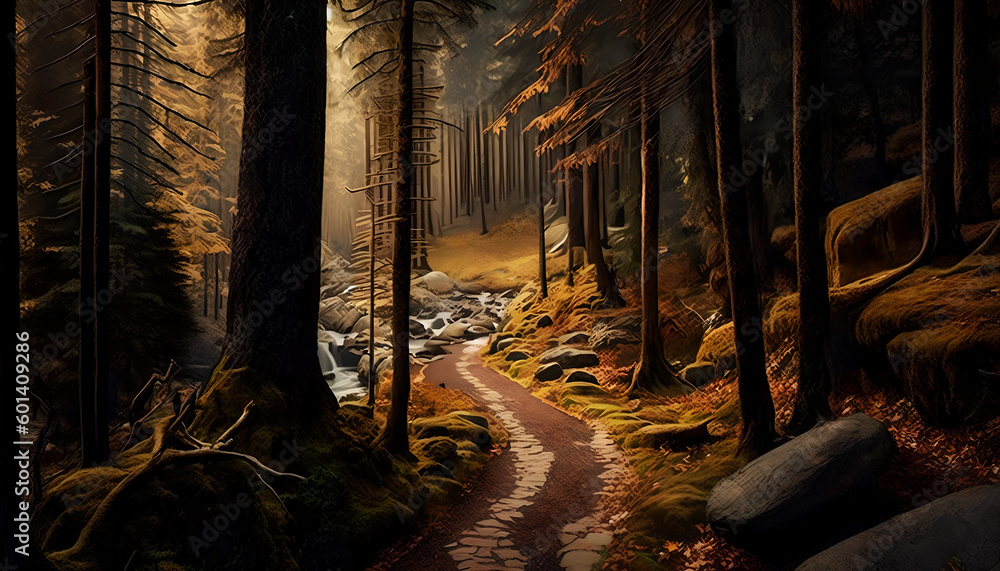Poster a path in the forest with a green background and a tree on the left
