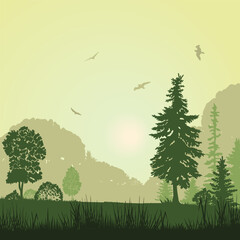 Forest landscape, sunset, sunrise, yellow background, vector illustration.