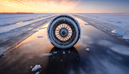 frozen tire in winter weather in the middle of the road
