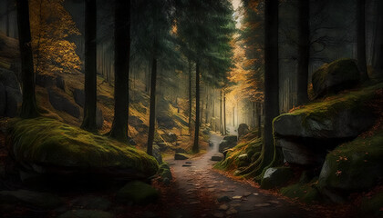 A path in the forest with a green background and a tree on the left - obrazy, fototapety, plakaty