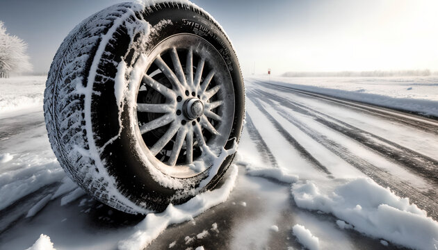 frozen tire in winter weather in the middle of the road
