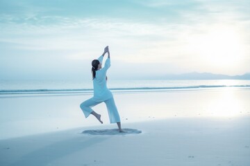 woman sky fitness summer lotus pose sea ocean pier yoga lifestyle young. Generative AI.