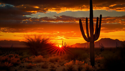 Sunset in the desert, Wild cactus in the foreground and sunset in the background - obrazy, fototapety, plakaty
