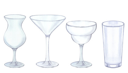 Banner with different empty transparent glass tumbler drinks, cocktail. Hand drawn watercolor illustration isolated on white background. For bar, restaurant menu, recipes, flyers