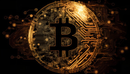 Golden bitcoin digital currency, futuristic digital money, technology worldwide network concept