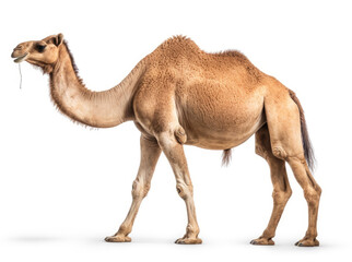 Photo of a camel isolated on a white background, side view