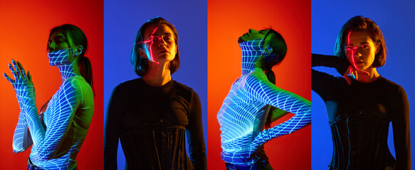 Collage with beautiful female portraits with digital neon filter lights on body over red and blue...