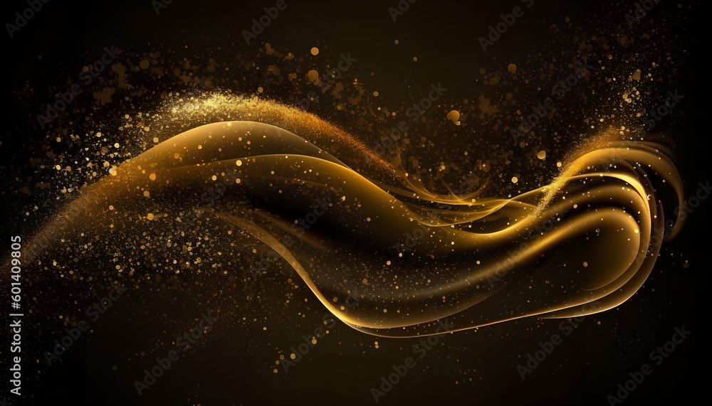 Poster abstract golden waves. design element of shiny golden moving lines on black background