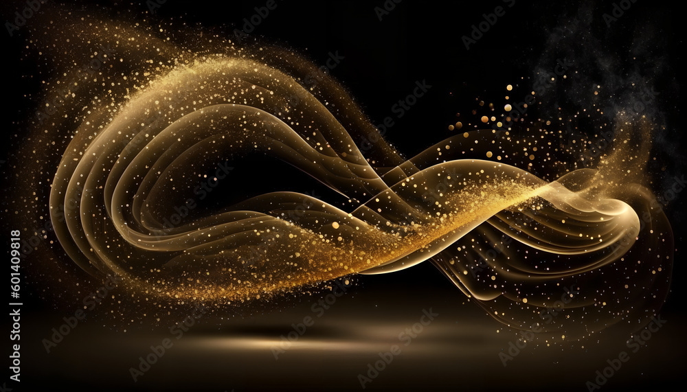 Poster abstract golden waves. design element of shiny golden moving lines on black background