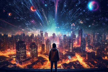 Fototapeta premium A person standing in a city street with a galaxy-filled sky as the background