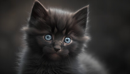 A black kitten with blue eyes stares into the camera