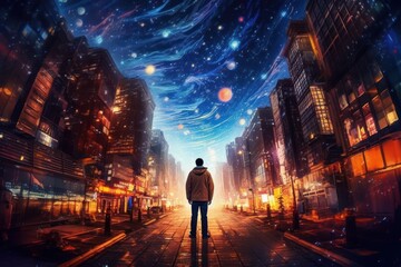 Fototapeta na wymiar A person standing in a city street with a galaxy-filled sky as the background
