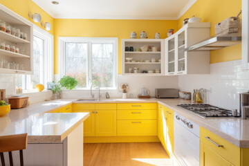Bright and sunny kitchen interior with yellow colors. Generative AI