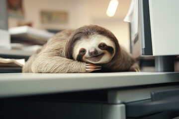 Sloth like a lazy tired man at the office desk, lacking motivation concept. Generative AI - obrazy, fototapety, plakaty