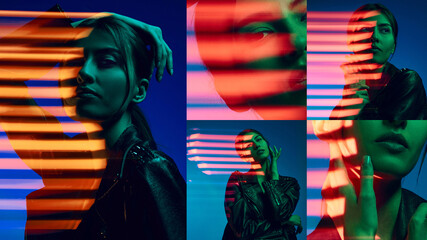 Collage with portraits of young beautiful woman, girl posing over dark blue background with neon...