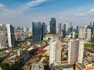Top view of Jakarta business district in Indonesia capital city with many modern skyscrapers.