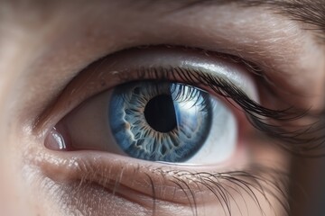 Naklejka premium Realistic human eye close-up view with the blue cornea. Detailed macro cornea and the human eye with beautiful eyelashes. Female eye illustration with the blue cornea and eyelashes. Generative AI.