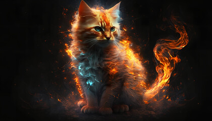 Close-up of a cat enveloped in fire on a black background, Generative by AI