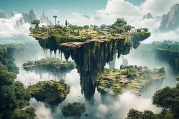 A surreal landscape with floating islands and a waterfall that defies gravity