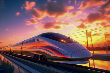 Fototapeta na wymiar Futuristic high-speed commuter train on railway tracks with a dramatic sunset sky and clouds in the background, showcasing cutting-edge technology in transportation. Generative AI 