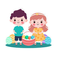 couple of little kids carrying eggs and colorful balloons, illustration of aester day celebration.