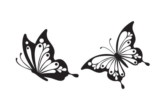 Butterfly shapes on white background for decorative design. Black butterfly close-up design element side view vector icon