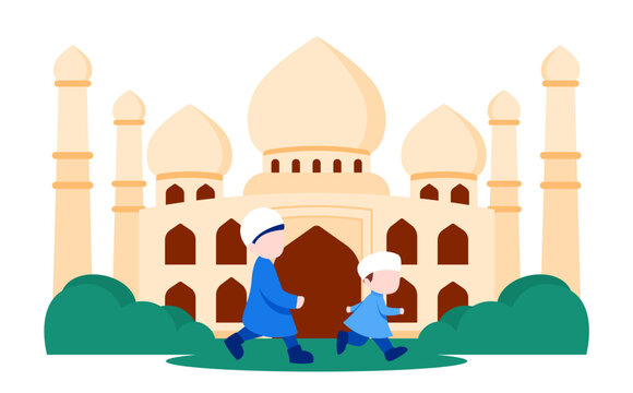 children playing in front of the mosque wearing Muslim clothes, illustration for the celebration of Ramadan