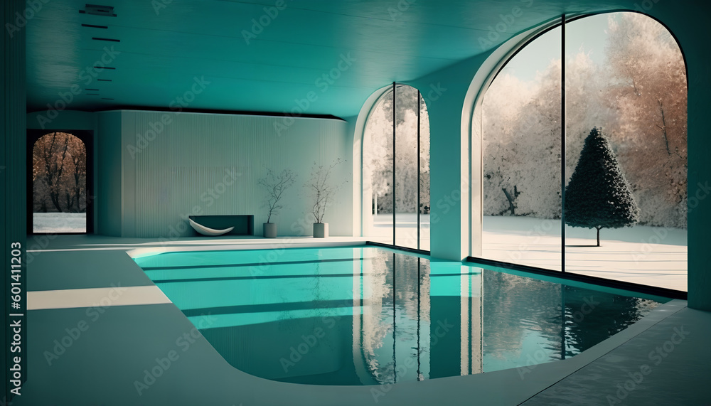 Poster luxurious pool in a spa hotel with large windows and beautiful daytime views, generative by ai
