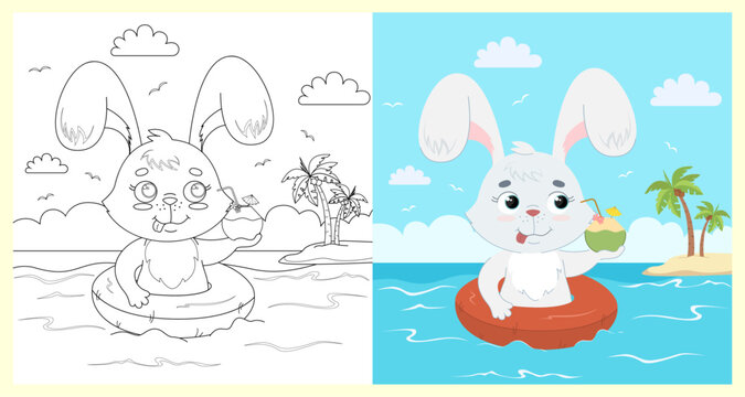 Cute coloring book - happy white rabbit with a coconut cocktail in a red life buoy in the sea. Summer, sea illustration Cute, vector, children's illustration.
