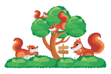 A bunch of cute squirrels playing on the tree. Cute squirrel cartoon illustration