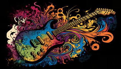 Colorful graffiti of a guitar on a black background, Generative by AI