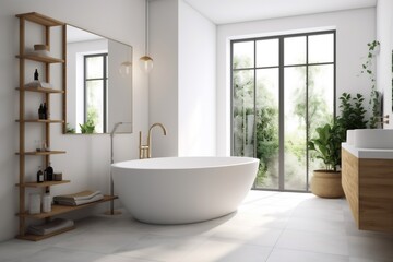 Naklejka na ściany i meble architecture home interior bathtub house bathroom beautiful modern white wood luxury. Generative AI.
